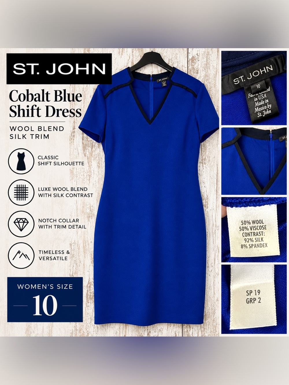 ST. JOHN Cobalt Blue Shift Dress Wool Blend Silk Trim Women’s Size 10
